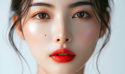 close-up of a beautiful young Asian contours of her face, Model perfect  for lip, cosmetic, and skincare advertising  red lip make up, perfect skin 