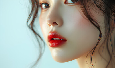 Fototapeta premium close-up of a beautiful young Asian contours of her face, Model perfect for lip, cosmetic, and skincare advertising red lip make up, perfect skin 