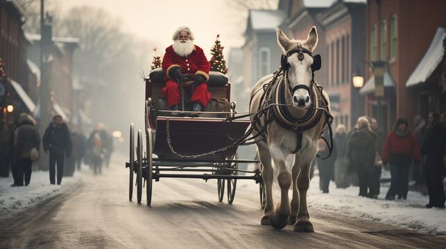 Side photo of Santa in his sleigh pulled by a horse for a small town