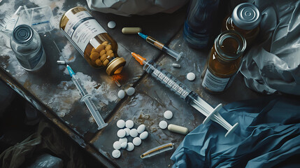 a medic syringe in a makeshift clinic - obrazy, fototapety, plakaty