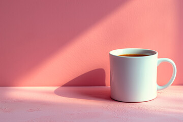 stock photo of coffee in a mug, on a pink background with bold contrasting color