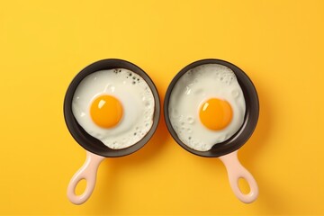 Rustic Style Fried Eggs in an Iron Skillet, Placed on an Isolated Yellow Background, Generative AI