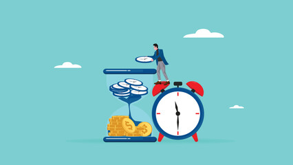 time is money, business metaphor concept, long time investment to make money, time value of money, businessman or investors Putting the clock into the hourglass turns it into money vector illustration - obrazy, fototapety, plakaty