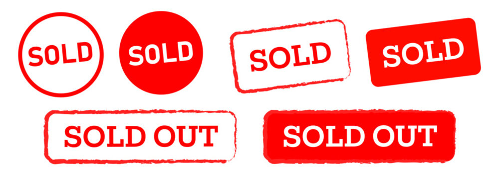 sold out stamp emblem rubber seal red color set collection of product stock empty sold