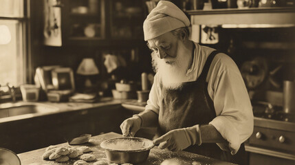 vintage film photograph of Santa, baking sugar cookies