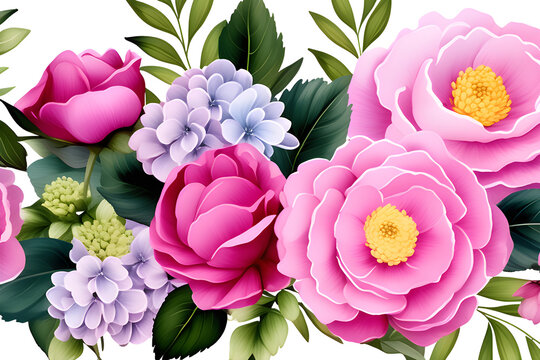 Pink watercolor flower illustrations: decorative flower illustrations for boarders, cards, invitations, etc. consisting of peony, rose, and hydrangea generative ai