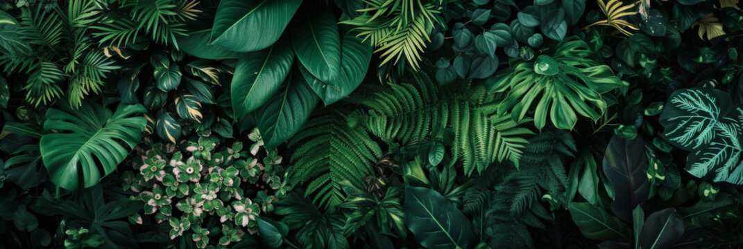 Dark Leafy Vertical Garden With Green Plants And Tropical Flowers In Nature, Generative AI