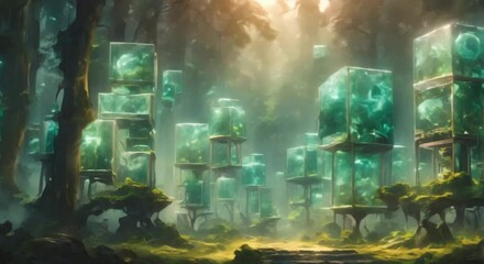 colorful cyberpunk cubes in the middle of the forest - Powered by Adobe