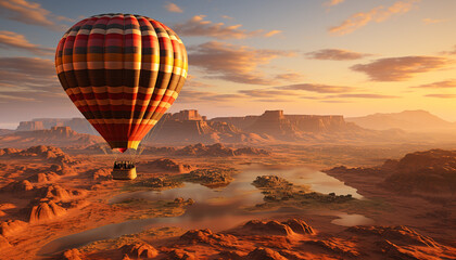Obraz premium Hot air balloon flying over mountain landscape at sunset generated by AI