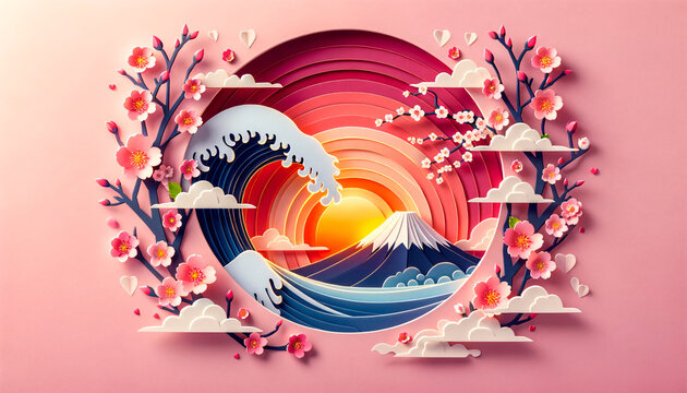 A paper art creation depicting a romantic sunrise over Mount Fuji with cherry blossoms, AI Generated.