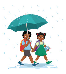 Cute little African kids students with backpack holding umbrella walking to school in the rain