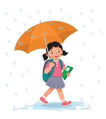 Cute little girl student with backpack holding umbrella walking to school in the rain