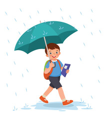 Cute little boy student with backpack holding umbrella walking to school in the rain