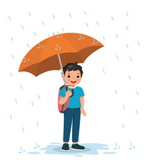 Happy little boy student with backpack holding umbrella going to school in the rain