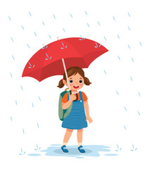 Happy little girl student with backpack holding umbrella going to school in the rain