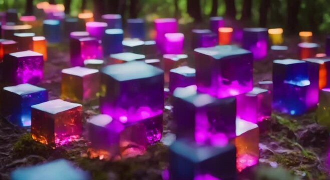 colorful strange cube in the middle of the forest