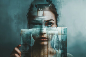 a woman is holding a newspaper, and her face is totally covered by it.Tabloid whispers dance on newsprint mask, eyes peek in fragmented truth. Surreal face reassembles, fractured features defy gravity - obrazy, fototapety, plakaty