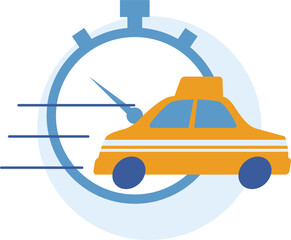 Yellow taxi with motion blur and stop watch. Fast cab service, urban transportation urgency. Rush hour, quick taxi service concept vector illustration.