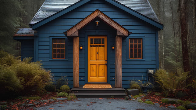 Small blue guest house - tiny house - blue with brown trim - backyard - home office 