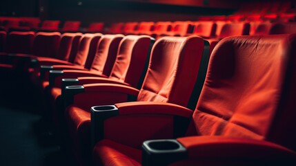 rows of red empty seats in a cinema hall. Modern cinema screen hall