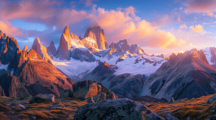 Panorama of towering mountain peaks with the warm golden light of the rising sun