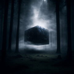 strange dark and ominous cube shape with lights on it standing alone in a dark and gloomy forest at full moon light and mist created with using Generative AI Technology