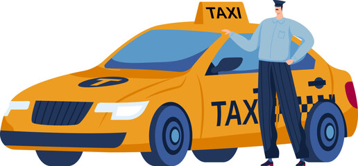 Taxi driver leaning on a yellow cab. Male chauffeur standing next to his vehicle in uniform. Urban transportation service vector illustration.
