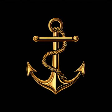 Minimalistic anchor icon in gold on a black background.
