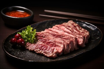 Fototapeta premium Slices of grilled meat on a black plate with green leaves decorated on the side. generative AI