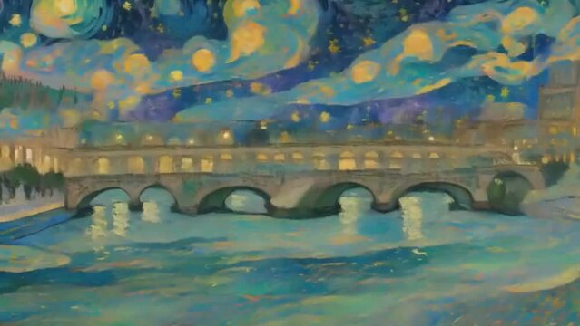 watercolor bridge painting on the river in the concept of starry night