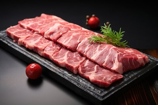 rows of fresh beef in the photo on a black background. generative AI
