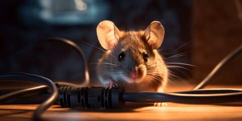A small mouse investigates tangled electrical cables in a dramatic nocturnal setting. - obrazy, fototapety, plakaty