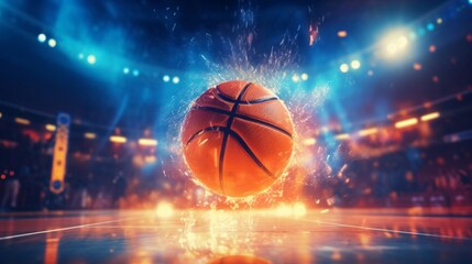A basketball on an indoor court making a splash, with dynamic lighting and water effects. - obrazy, fototapety, plakaty