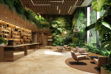 Green biophilic design of workplace office for business work - obrazy, fototapety, plakaty
