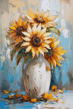 Sunflowers painting, artistic decoration sun flower vintage art