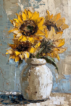 Sunflowers painting, artistic decoration sun flower vintage art