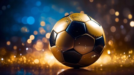 Naklejka premium A gold-colored soccer ball on a sparkling bokeh background, capturing the glamour and excitement of sport.