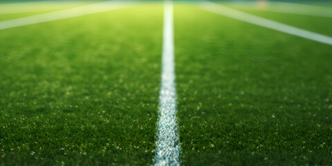 Green field in soccer stadium, White line on a soccer field grass, Aerial closeup of the penalty spot in an empty soccer field where penalties are taken, 


 - obrazy, fototapety, plakaty