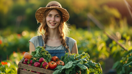 Portrait of a caucasian woman farmer with organic vegetables in a field, symbolizing sustainable...