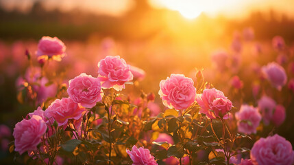A serene sunset over a field of pink roses with soft golden light