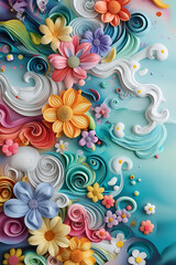 Fototapeta na wymiar Illustration of sky with rainbow, flowers, 3D image, beautifully decorated wallpaper.