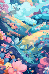 Fototapeta na wymiar Illustration of sky with rainbow, flowers, 3D image, beautifully decorated wallpaper.