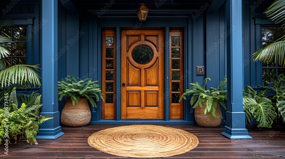 Wall mural entryway - front porch - front door - perfect symmetry - blue building with light brown trim - desig