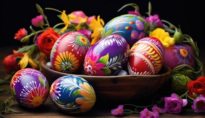 Fototapeta premium Easter eggs with floral patterns on dark background with flowers.