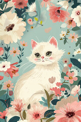cat surrounded by flowers Depicts cute and adorable cats in a beautiful natural environment. watercolor decorations