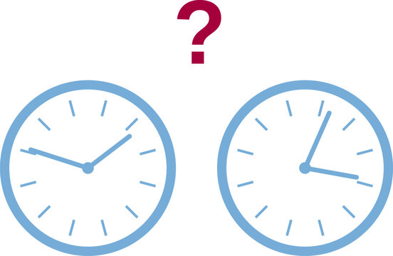 Two clocks comparison with a question mark symbolizing time, decision making or time zones. Conceptual time management, deadline, and scheduling vector illustration.