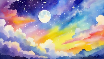夜空　夜　空　月　星空　星　雲　水彩　背景　風景　背景画像　背景素材　自然　AI生成画像 - obrazy, fototapety, plakaty