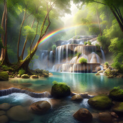 A Forest’s Hidden Gem: Waterfall Oasis Meets Rainbow Mist.