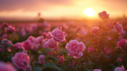 Fototapeta na wymiar A serene sunset over a field of pink roses with soft golden light