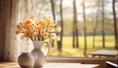 Bouquet of orange flowers on the windowsill overlooking the forest